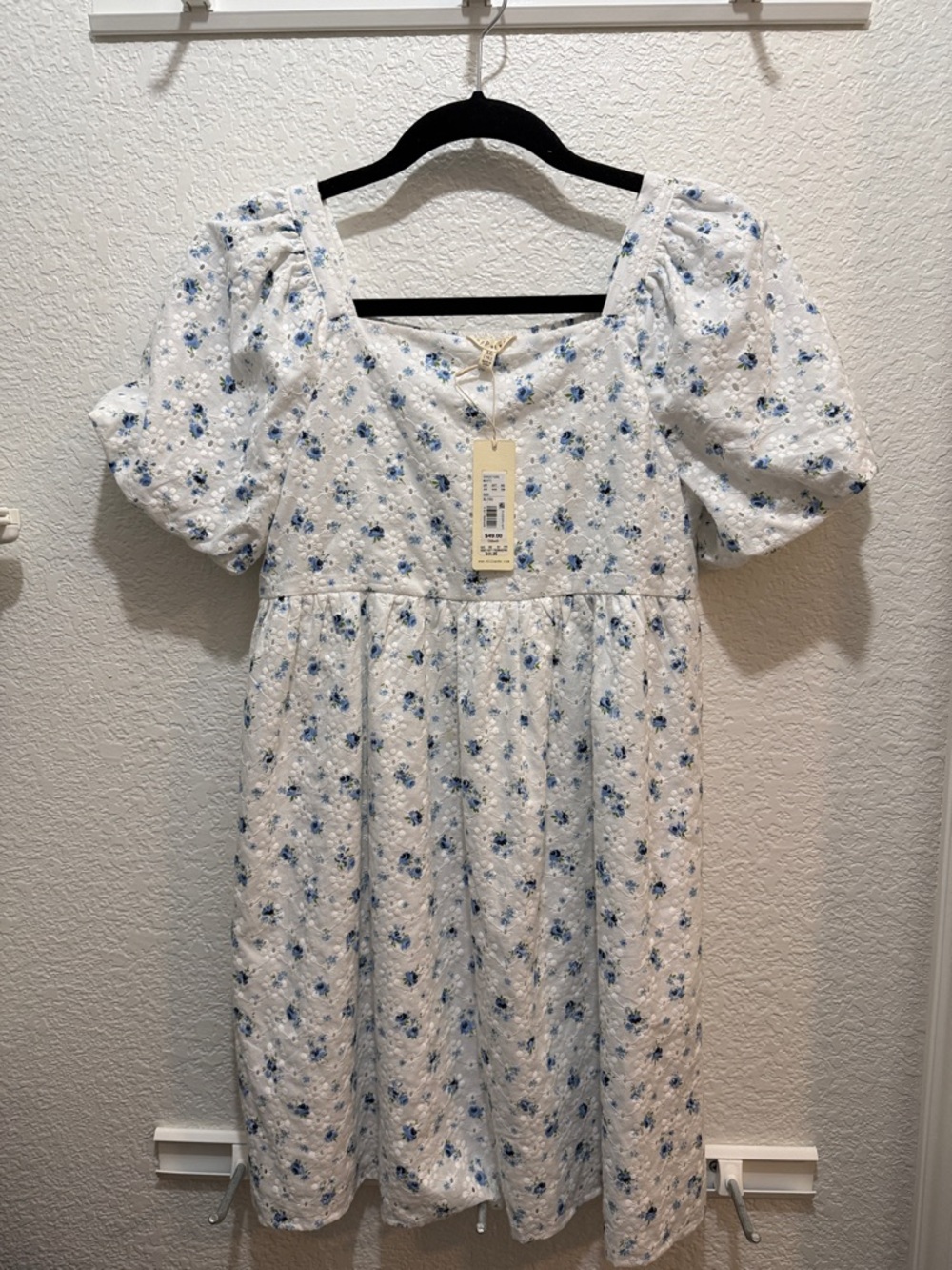 Copper Key White Eyelet Dress with Blue Floral Print
